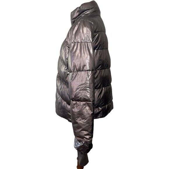 Carre Noir Metallic Puffer Jacket Medium Gunmetal Grey Dark Gray Shiny Coat - Picture 3 of 8